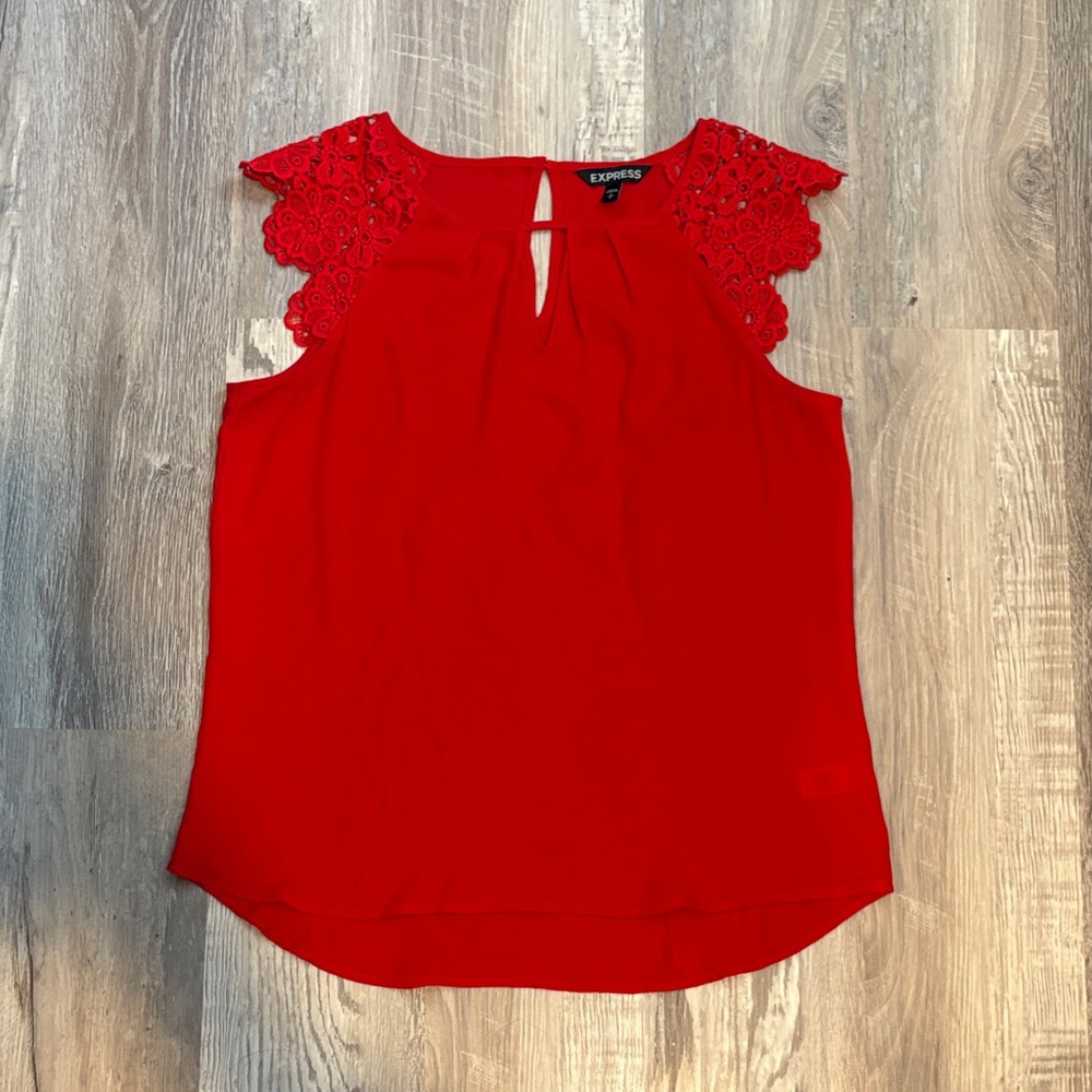 Express Women's Red Lace Sleeve Blouse
